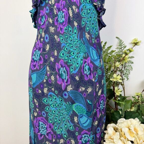 Spell * Peacock Floral Viscose Maxi Slip Dress Purple Teal Boho Ruffle | Large - Picture 6 of 14